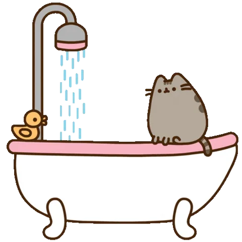 Серый кот Пушин сидит в белой ванне под душем, рядом жёлтая уточка.