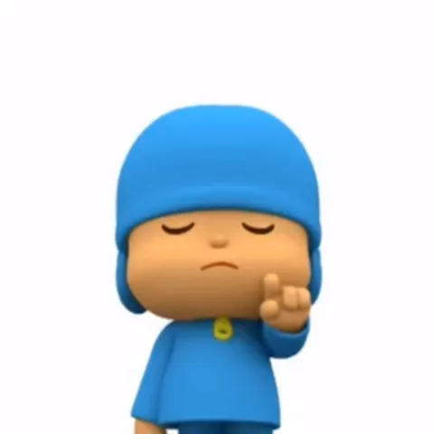 Анимация персонажа Pocoyo из одноименного мультсериала: он стоит с закрытыми глазами и поднятым пальцем, слегка покачиваясь в такт музыке.