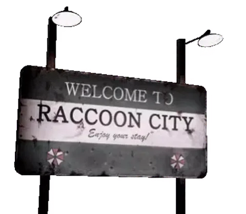 Старая металлическая табличка с текстом Welcome to Raccoon City и красными зонтами-логотипами, покачивающаяся на столбах.