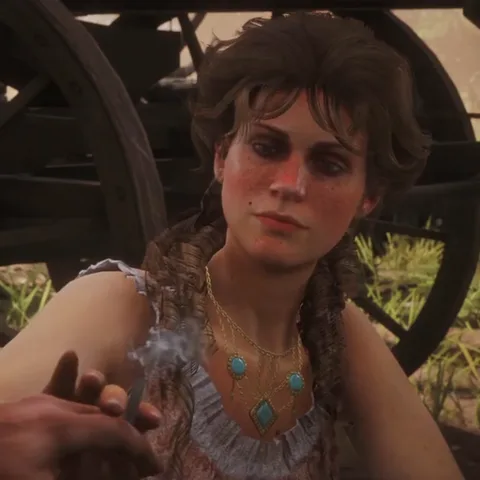 Анимация из игры Red Dead Redemption 2: молодая женщина в деревенском платье курит сигарету, сидя рядом с деревянным колесом.
