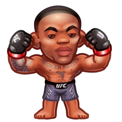 Анимация карикатурного бойца ММА в шортах UFC и перчатках, стоящего в боевой позе.