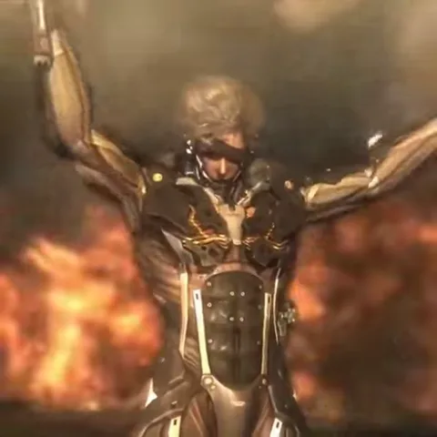 Анимация персонажа из Metal Gear Rising: Revengeance. Рейден в черном кибернетическом костюме стоит перед стеной огня. Он поднимает руки вверх, затем резко выхватывает меч из ножен, лезвие светится красным. В конце он смотрит вперед с решительным лицом, субтитры гласят: «Let's dance».