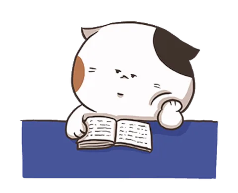 Милый мультяшный кот читает книгу, перелистывая страницы.