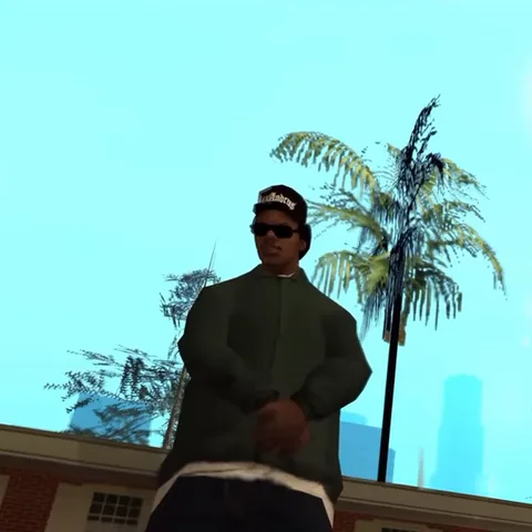 3D-модель персонажа в зелёной куртке и кепке с надписью Los Santos, стоящего со скрещенными руками на фоне пальмы и голубого неба.