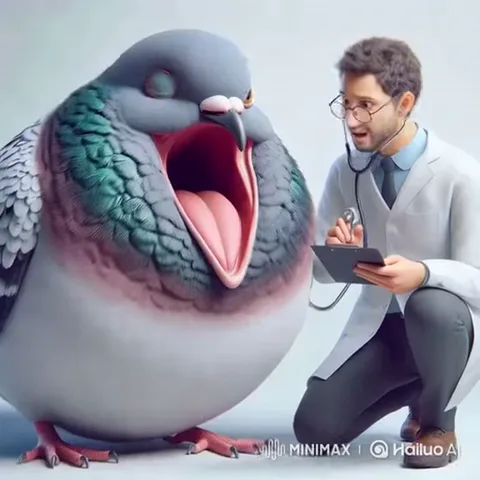 3D-анимация: огромный голубь с распахнутым ртом, рядом蹲ит мужчина-врач со стетоскопом и планшетом для записей.