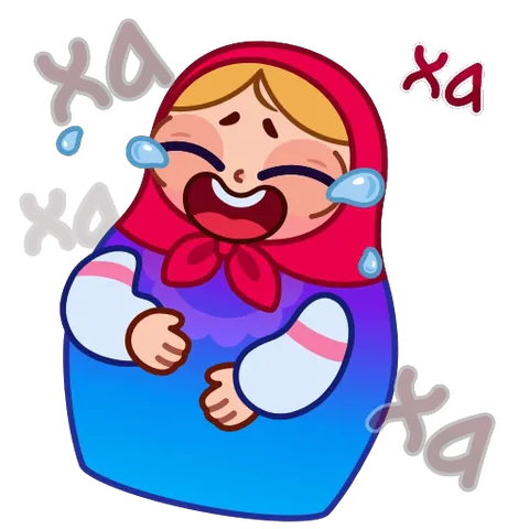 Смеющаяся русская матрёшка с закрытыми глазами и слезинками на щеках, окружённая звуками смеха.