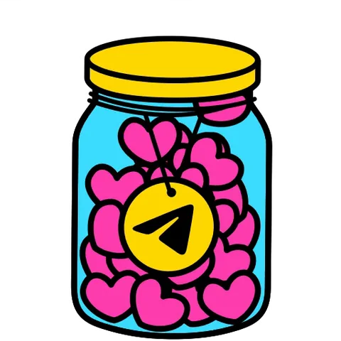 Анимированная стикер-банка с розовыми сердцами и значком Telegram внутри, которая трясется и роняет сердечко.