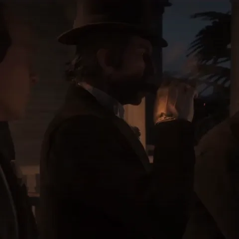 Анимация персонажа из видеоигры Red Dead Redemption II: мужчина в цилиндре курит сигару.