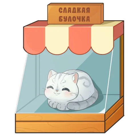 Серый кот в витрине пекарни улыбается