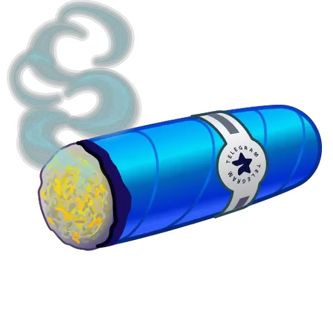 Синяя сигара с белой лентой, на которой звезда и надпись TELEGRAM, горит ярким оранжевым пламенем, выпуская клубы серого дыма.