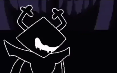 Анимация в стиле Deltarune. На переднем плане силуэт тёмного персонажа с рогами и белыми глазами, который смотрит на задний план, где на фоне красных занавесей и звёздного неба стоят маленькие пиксельные фигурки.