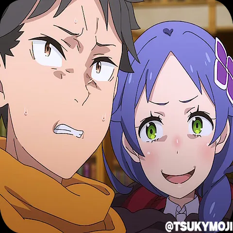 Парень из аниме Re:Zero Субару нервничает и потеет, глядя на улыбающуюся девушку Мейли Портнер.