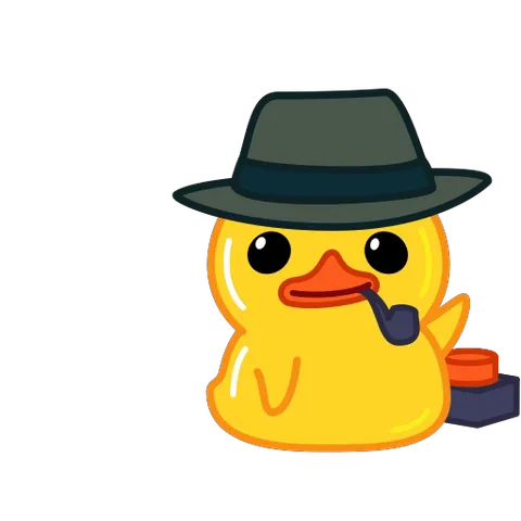 Анимация жёлтой утки в серой шляпе с трубкой во рту. Из трубы идёт белый дым, формирующий облако с оранжевыми сердцами.