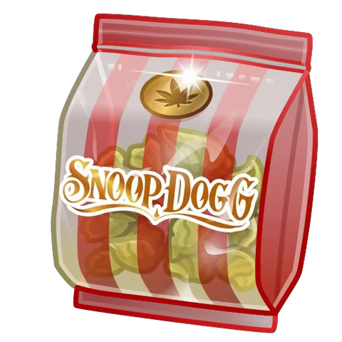 Анимированный стикер: прозрачный зип-пакет с надписью Snoop Dogg, внутри которого находятся шишки каннабиса, вылетающие наружу при встряхивании.