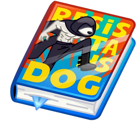 Синяя книга с надписью Resistance Dog открывается, демонстрируя страницы с черно-белым комиксом о собаке в маске.
