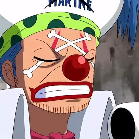 Анимация персонажа из One Piece Багги, который кричит в рупор крупным планом.