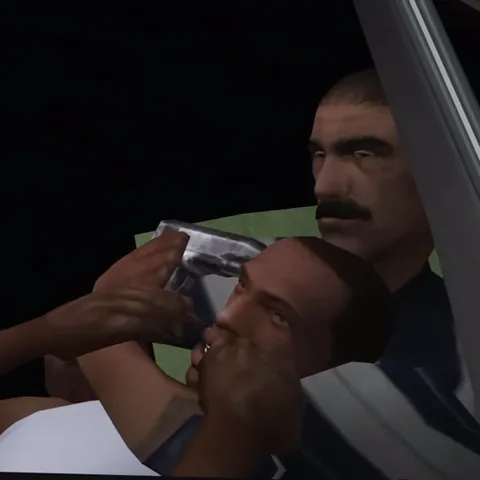 Анимация из игры GTA San Andreas: злодей с усами угрожает оружием мужчине на заднем сиденье машины, закрывая ему рот.
