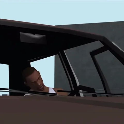 Анимация персонажа Каджи из игры GTA San Andreas, который садится за руль автомобиля.
