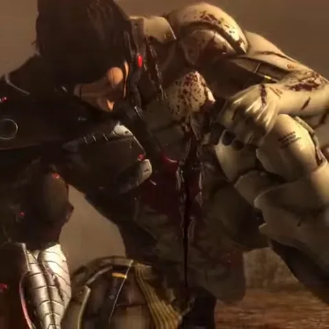 Анимация персонажа игры Metal Gear Rising: Revengeance. Киборг с чёрными волосами и белым протезом руки вытаскивает клинок из врага, а затем камера показывает его металлическую ладонь, полностью покрытую красной жидкостью.