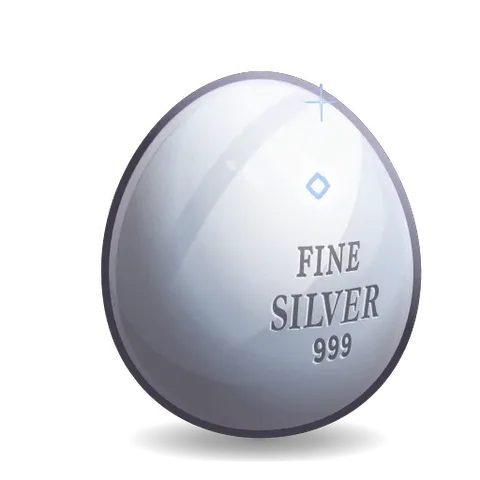 Вращающееся блестящее серебряное яйцо с надписью Fine Silver 999 и синими искрами.