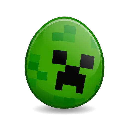 Анимация зелёного яйца в стиле Minecraft с лицом крипера, которое вращается и исчезает.