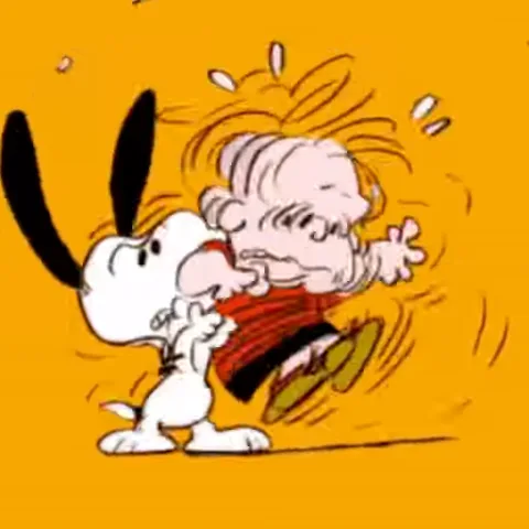 Анимация из комикса «Peanuts», где Снупи крутит в воздухе обросшего грязью Пиг-Пена на оранжевом фоне.