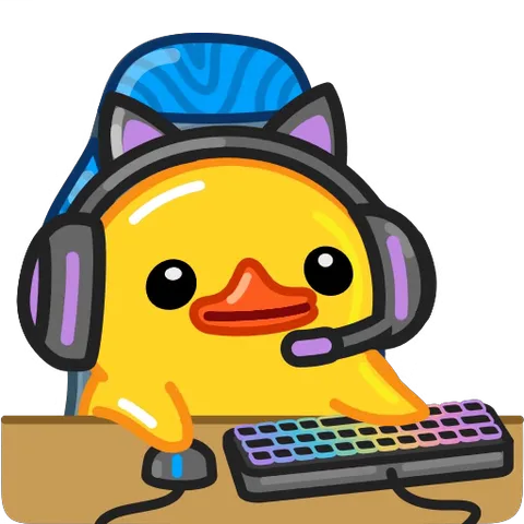 Анимация жёлтого утёнка в игровой гарнитуре, который сидит перед RGB-клавиатурой и активно работает мышкой.