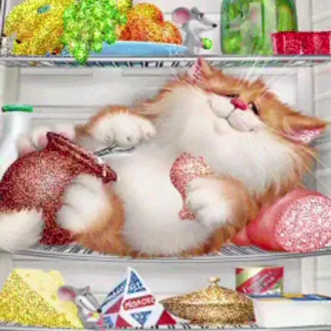 Анимация рыжего кота, который лежит внутри холодильника среди продуктов и улыбается.