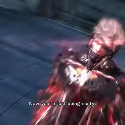 Анимация персонажа из игры Metal Gear Rising: Revengeance. Киборг с серебристыми волосами и светящимися красными глазами надевает маску-повязку и поднимает меч за плечо.