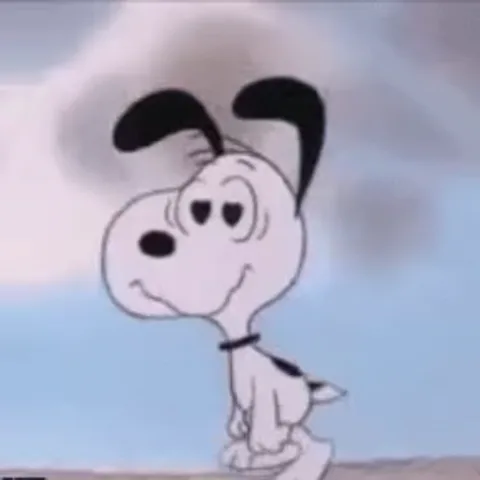 Анимация персонажа Снупи из комикса Peanuts, у которого вместо глаз появляются сердечки.