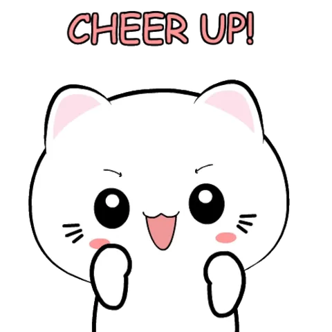 Анимированный белый котенок с надписью CHEER UP! машет лапками.