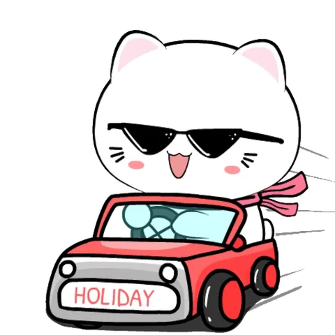 Мультяшный белый кот в очках едет на красной машине с надписью HOLIDAY