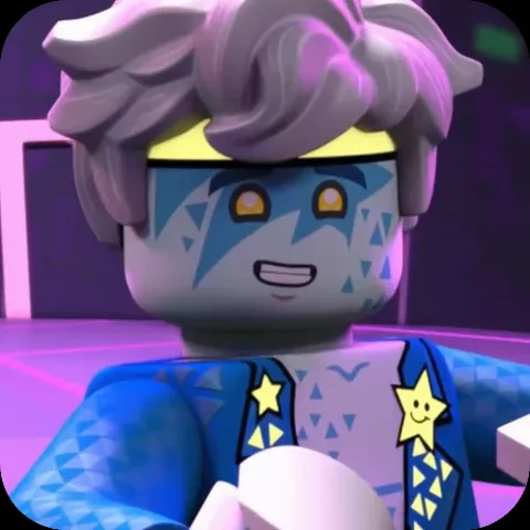 Анимация персонажа Джея из LEGO Ninjago в синем костюме с молниями и звёздами, который слегка покачивается.