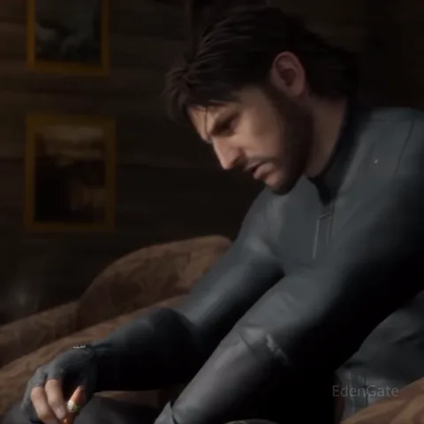 3D-персонаж Снейк из Metal Gear Solid Delta в сером костюме курит сигару, сидя на диване.