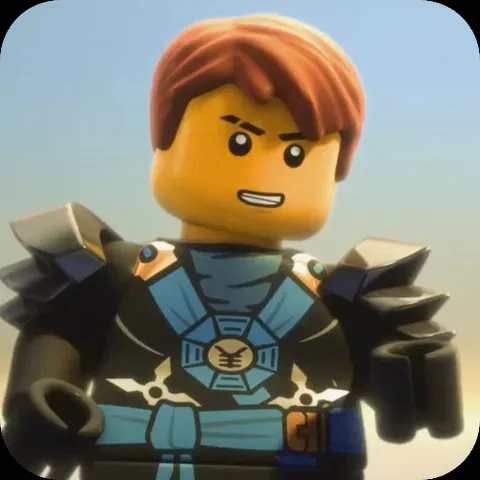 Анимация персонажа Джея из LEGO Ninjago в синей броне с шипами, который стоит и слегка двигается.