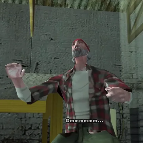 Анимация из игры GTA San Andreas: мужчина в красной клетчатой рубашке поднимает руки и медитирует со звуком «Ом».