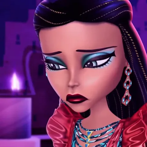 3D-анимация персонажа Клео де Нил из Monster High в красном платье. Она выглядит грустной, смотрит вниз и часто моргает. На заднем плане справа видна улыбающаяся девушка с голубыми волосами.