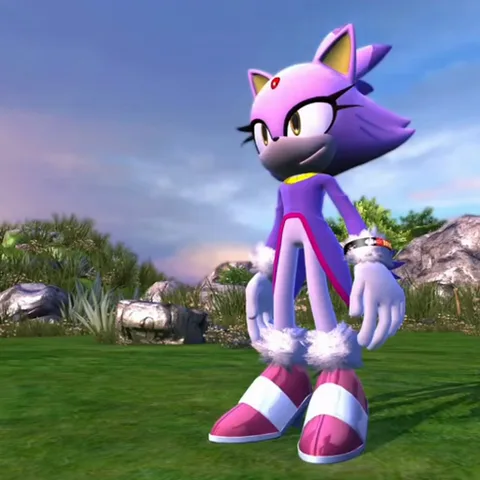3D-анимация персонажа игры Sonic: фиолетовая кошка в розовой одежде поворачивается и убегает с поляны с ветряными мельницами.