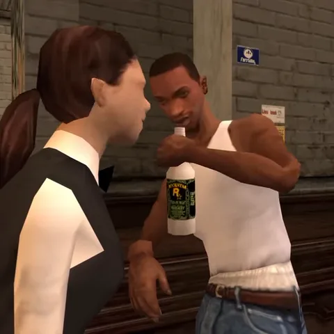 Анимация из игры GTA San Andreas: Каджи в белой майке пьёт из бутылки, а девушка в чёрном жилете наблюдает за ним.