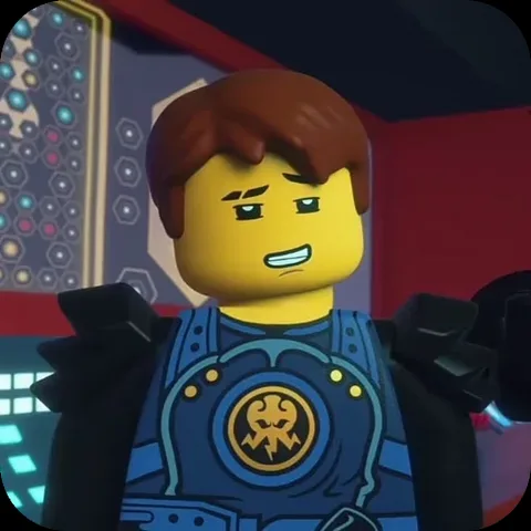 Анимация персонажа Джея из LEGO Ninjago в синей броне, который нервно улыбается и покачивает головой.