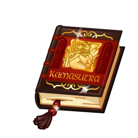 Старинная книга с красной обложкой и золотой тисненой надписью Kamasutra открывается, демонстрируя страницы с рисунками людей.