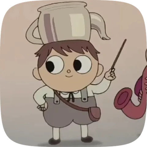 Анимация персонажа Уолли из Over the Garden Wall, который стоит и дирижирует воображаемым оркестром.