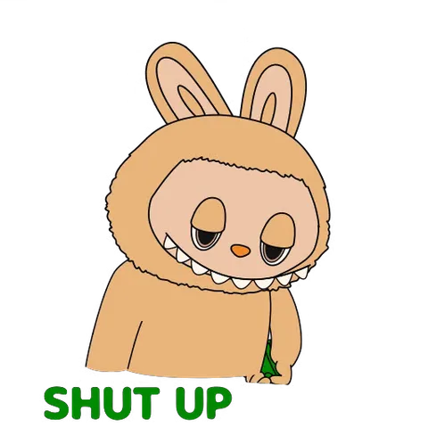 Анимированный персонаж Labubu машет деньгами на фоне текста «SHUT UP AND TAKE MY MONEY».