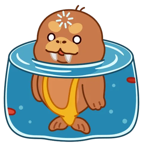 Анимированный стикер с коричневым моржом в очках, сидящим в банке с водой и рыбками.