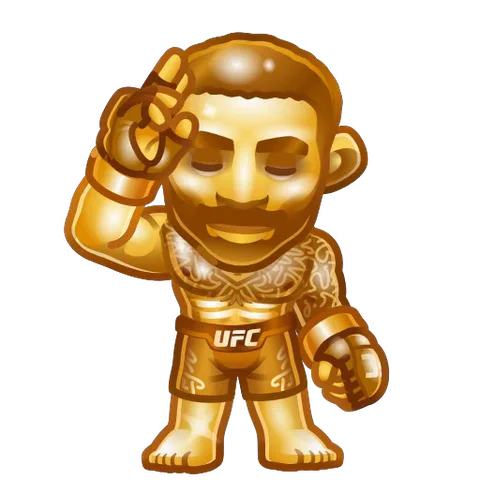 Анимация золотого бойца в шортах UFC, который делает жест рукой.