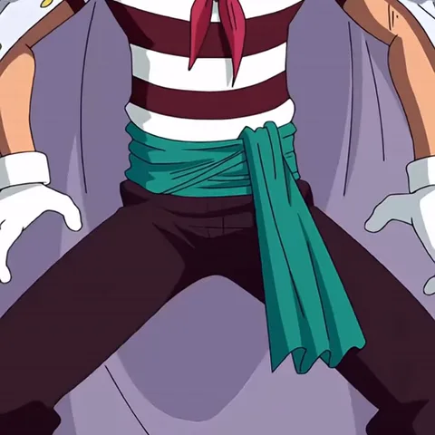 Анимация персонажа из One Piece Багги в белом плаще адмирала, который кричит на фиолетовом фоне.