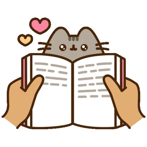 Милый серый котик смотрит поверх страниц книги, которую читают, и вокруг летают сердечки.