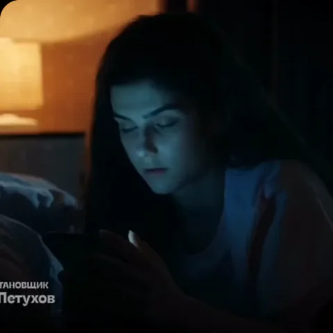 Брюнетка с серьезным лицом смотрит в экран телефона в темной комнате, подсвечиваемая синим светом дисплея.