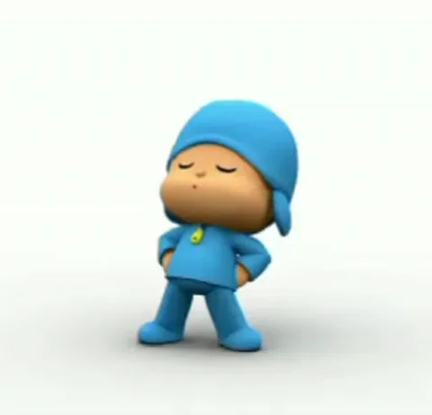 3D-персонаж Pocoyo в синей одежде ритмично двигается, закрыв глаза и положив руки на пояс.