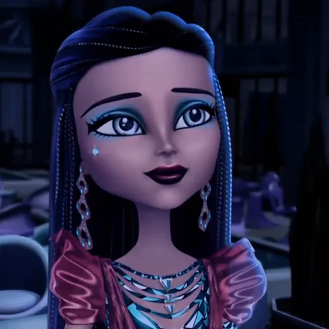 Анимация Клео де Нил из Monster High, которая спокойно и мягко улыбается на фоне тёмного зала.